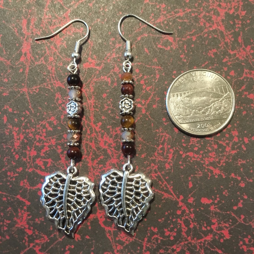Silver color leaf charm dangle earrings